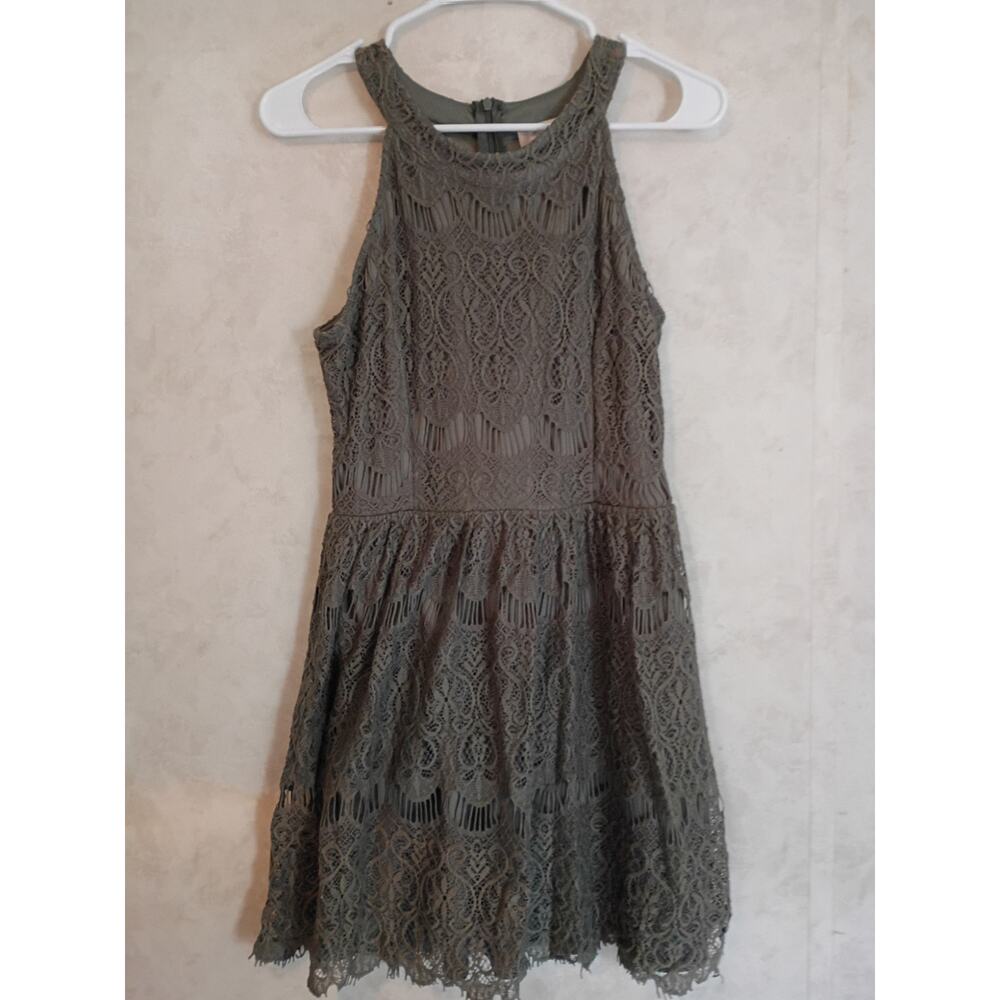 Altar’d State Olive Lace Overlay Fit Flare Dress M Ethereal Boho Modest Romantic